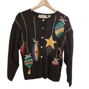 Northern isles Christmas Cardigan Black Large Embellished Ornaments Hand Loomed